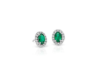 Emerald And Pavé Diamond Halo Earrings In 14k White Gold (6x4mm)