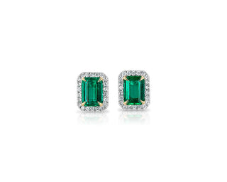 Emerald-Cut Emerald Stud Earrings With Diamond Halo In 14k White Gold With Yellow Gold Prongs (7x5mm)