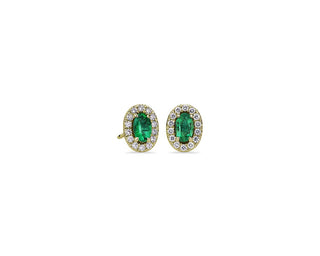 Oval Emerald Halo Stud Earrings In 14k Yellow Gold (5x3mm)