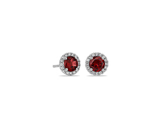 Garnet And Micropavé Diamond Stud Earrings In 18k White Gold (5mm)