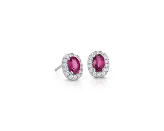 Oval Ruby And Pavé Diamond Earrings In 14k White Gold (6x4mm)