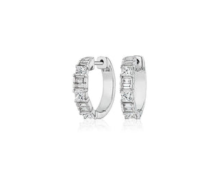 Princess And Baguette Diamond Huggie Hoop Earrings In 14k White Gold (1 1/5 Ct. Tw.)