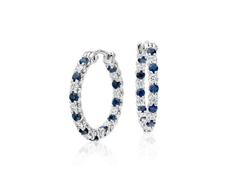 Luna Sapphire And Diamond Hoop Earrings In 18k White Gold (2mm)