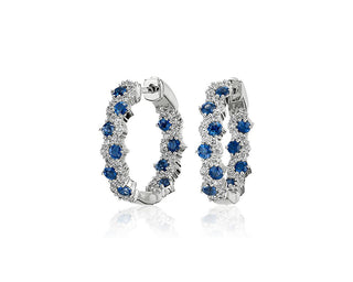 Staggered Sapphire And Diamond Hoop Earrings In 14k White Gold