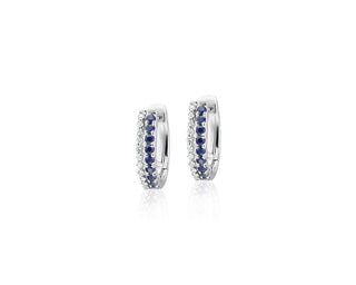 Petite Two Row Sapphire And Diamond Huggie Hoops In 14k White Gold (1.4mm)