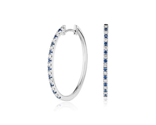 Sapphire And Diamond Oval Hoop Earrings In 14k White Gold (1.4mm)