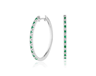 Emerald And Diamond Oval Hoop Earrings In 14k White Gold (1.4mm)