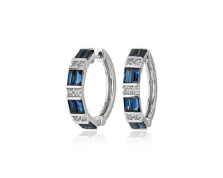 Alternating Sapphire Baguette And Round Diamond Hoop Earrings In 14k White Gold