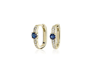 Front Facing Sapphire And Diamond Hoop Earrings In 14k Yellow Gold