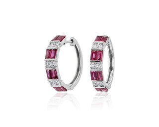 Alternating Ruby Baguette And Round Diamond Hoop Earrings In 14k White Gold