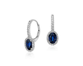 14k White Gold Sapphire and Micropavé Diamond Halo Drop Earrings (7x5mm)