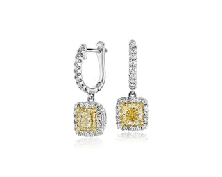 Yellow Diamond Drop Earrings With Halos In 18k White And Yellow Gold (2 3/8 Ct. Tw.)