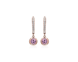 Diamond Huggies With Bezel Set Pink Sapphire Drop Earrings In 14k Rose Gold