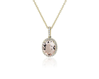 Oval Morganite And Diamond Halo Pendant In 14k Yellow Gold (10x8mm)