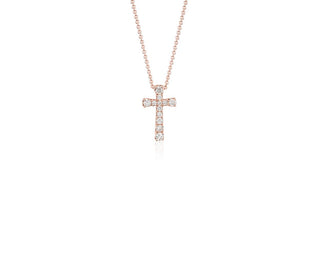 Tiny 14k rose gold diamond cross pendant (1/10 carat total weight)