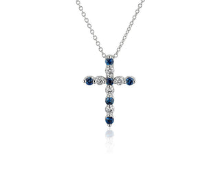 Floating 14k White Gold Cross-Shape Pendant with Blue Sapphire and Diamonds