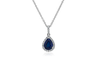 14k white gold sapphire pear-shaped halo drop pendant (8x6mm)