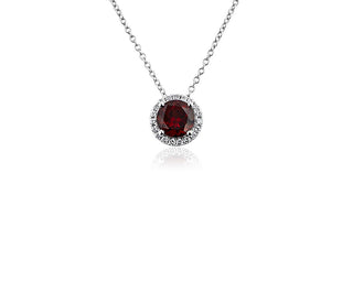 14k White Gold Garnet and Diamond Halo Pendant (7mm)