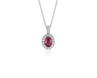 14k White Gold Oval Ruby and Pavé Diamond Pendant (7x5mm)