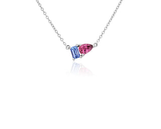 Two-stone pendant set in 14k white gold with tanzanite and pink tourmaline.