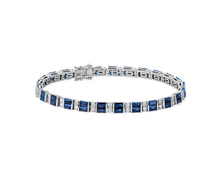 Alternating Baguette Blue Sapphire And Round Diamond Bracelet In 14k White Gold