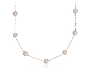 Tin cup stationed necklace in 14k rose gold with pink freshwater cultured pearls (5.5mm)