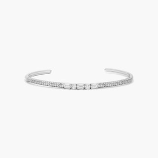 14K White Gold Alternating Round And Emerald Cuff Bracelet