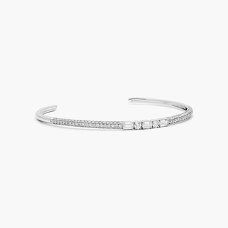 14K White Gold Alternating Round And Emerald Cuff Bracelet