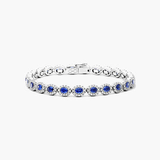 14K White Gold Oval Blue Sapphire And Diamond Halo Bracelet