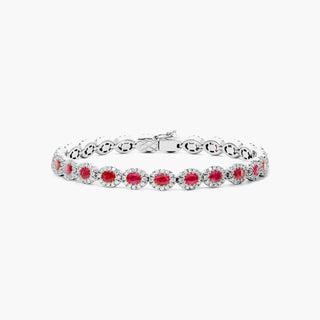 14K White Gold Oval Ruby And Diamond Halo Bracelet