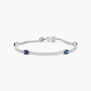 14K White Gold Sapphire Station Diamond Tennis Bracelet