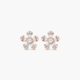 14K Rose Gold Baguette And Round Diamond Flower Earrings