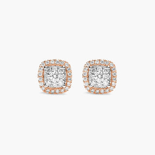 14K Rose Gold Cushion Halo Cluster Stud Earings