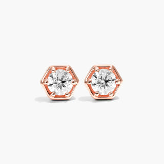 14K Rose Gold Hexagon Frame Solitaire Diamond Stud Earrings