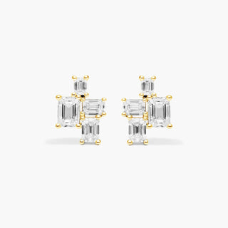 14K Yellow Gold Assemblage Emerald Cut Lab Created Diamond Earrings