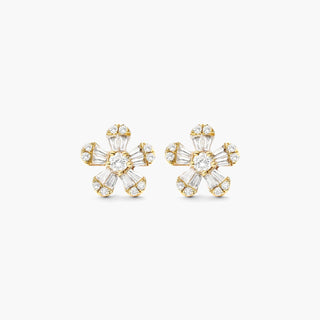 14K Yellow Gold Baguette And Round Diamond Flower Earrings