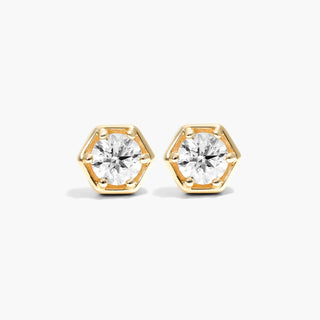 14K Yellow Gold Hexagon Frame Solitaire Diamond Stud Earrings