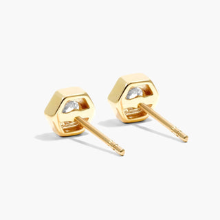 14K Yellow Gold Hexagon Frame Solitaire Diamond Stud Earrings