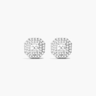 18K White Gold Double Halo Asscher Cut Diamond Earrings