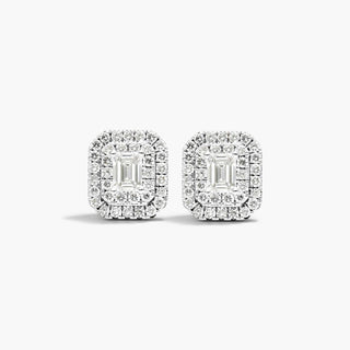 18K White Gold Double Halo Emerald Cut Diamond Earrings