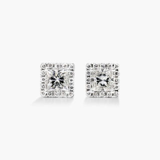 18K White Gold Princess Cut Halo Diamond Stud Earrings