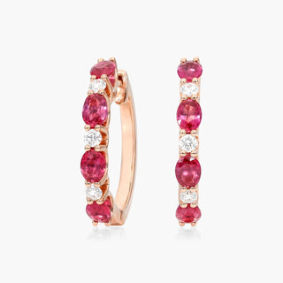 14K Rose Gold Alternating Oval Ruby And Round Diamond Hoop Earrings