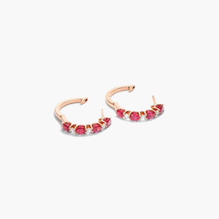 14K Rose Gold Alternating Oval Ruby And Round Diamond Hoop Earrings