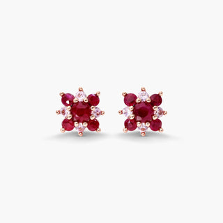 14K Rose Gold Ruby And Pink Sapphire Flower Cluster Earrings