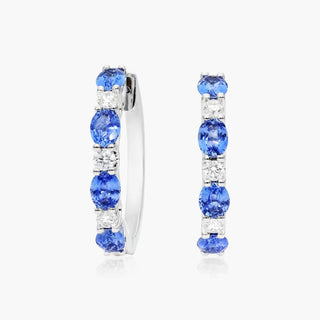 14K White Gold Alternating Oval Sapphire And Round Diamond Hoop Earrings