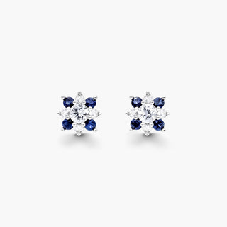 14K White Gold Blue And White Sapphire Flower Cluster Earrings