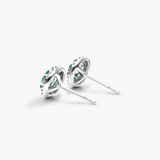 14K White Gold Double Halo Emerald And Diamond Stud Earrings