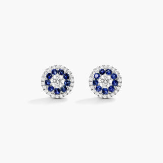 14K White Gold Double Halo Sapphire And Diamond Stud Earrings