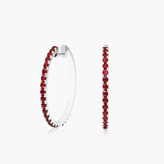 14K White Gold Half And Half Ruby And Diamond Hoop Earrings