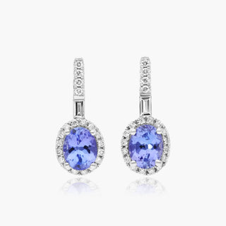 14K White Gold Halo Tanzanite And Diamond Petite Drop Earrings